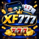 XF777 Game APK with mobile gaming interface, cards, slots, coins, and 777 logo